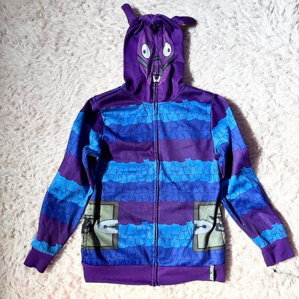 Fortnight Striped Llama Zip-up Cosplay Cartoon Video Game Hoodie Boys L Kidcore